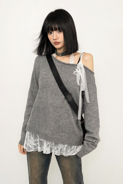 Lace Tie Slanted Shoulder Knit Sweater