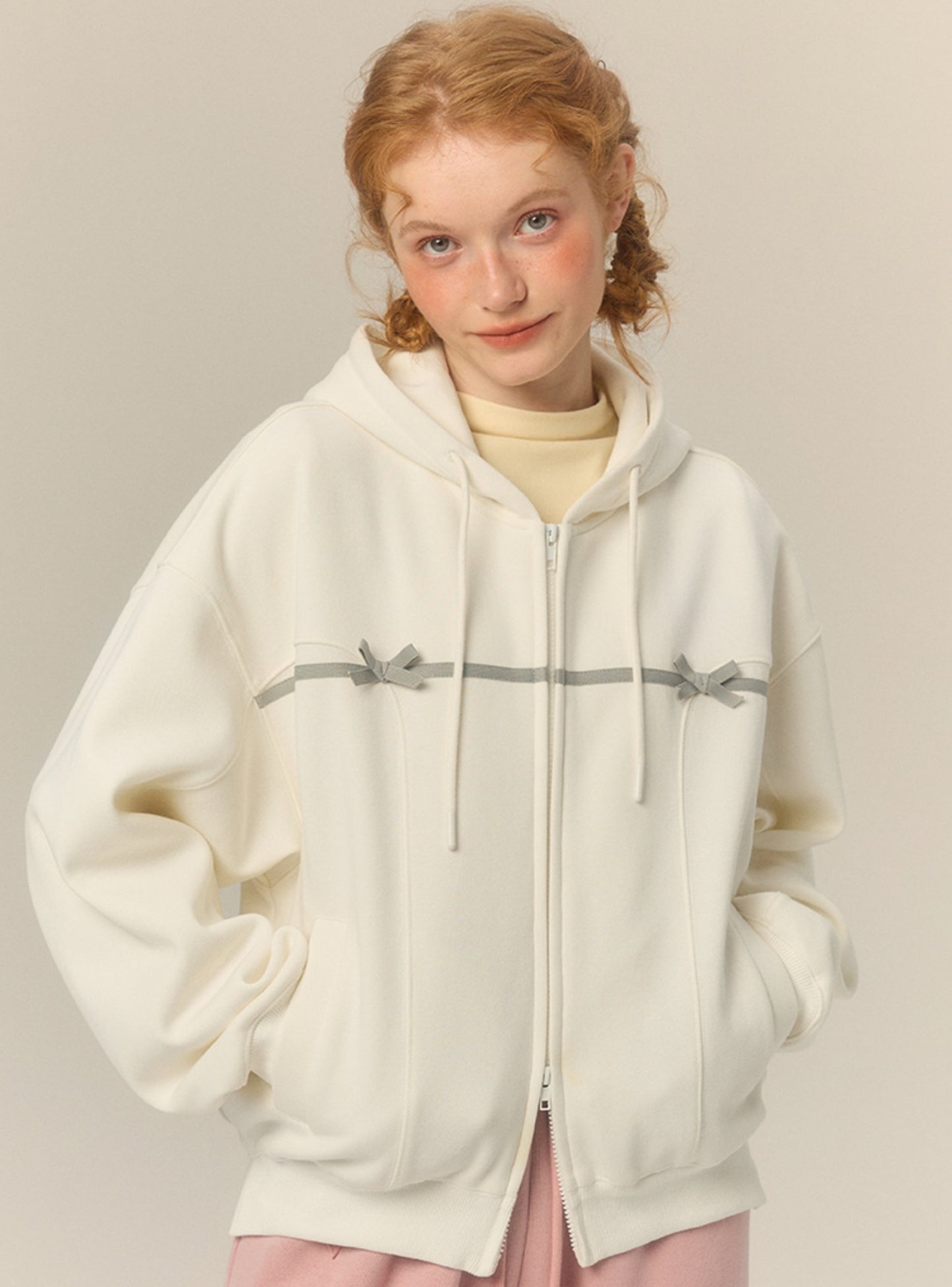 Bow hooded cardigan sweatshirt