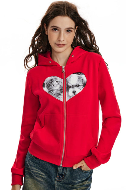 APEA American lässig Gefühl Katze und Hund Liebe Nähen Reißverschluss Top Frauen neue schlanke Kapuze Strickjacke Sweatshirt Jacke