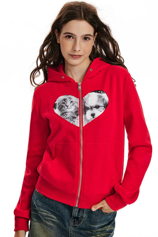 APEA American lässig Gefühl Katze und Hund Liebe Nähen Reißverschluss Top Frauen neue schlanke Kapuze Strickjacke Sweatshirt Jacke