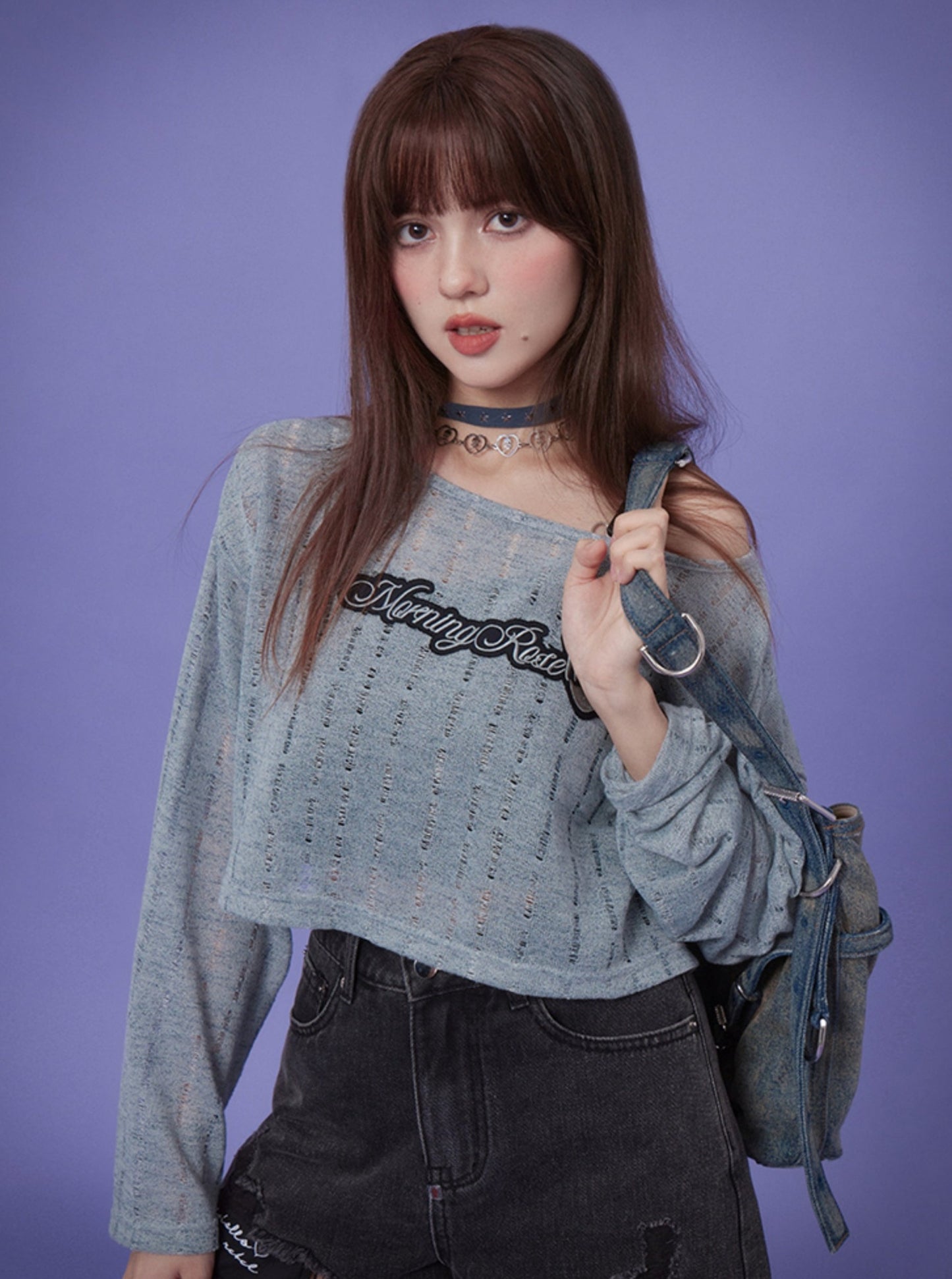Blue Hollow Knitted Top