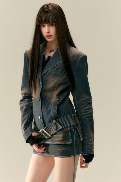 Wide Belt Cinched Denim Casual Jacket Set-Up