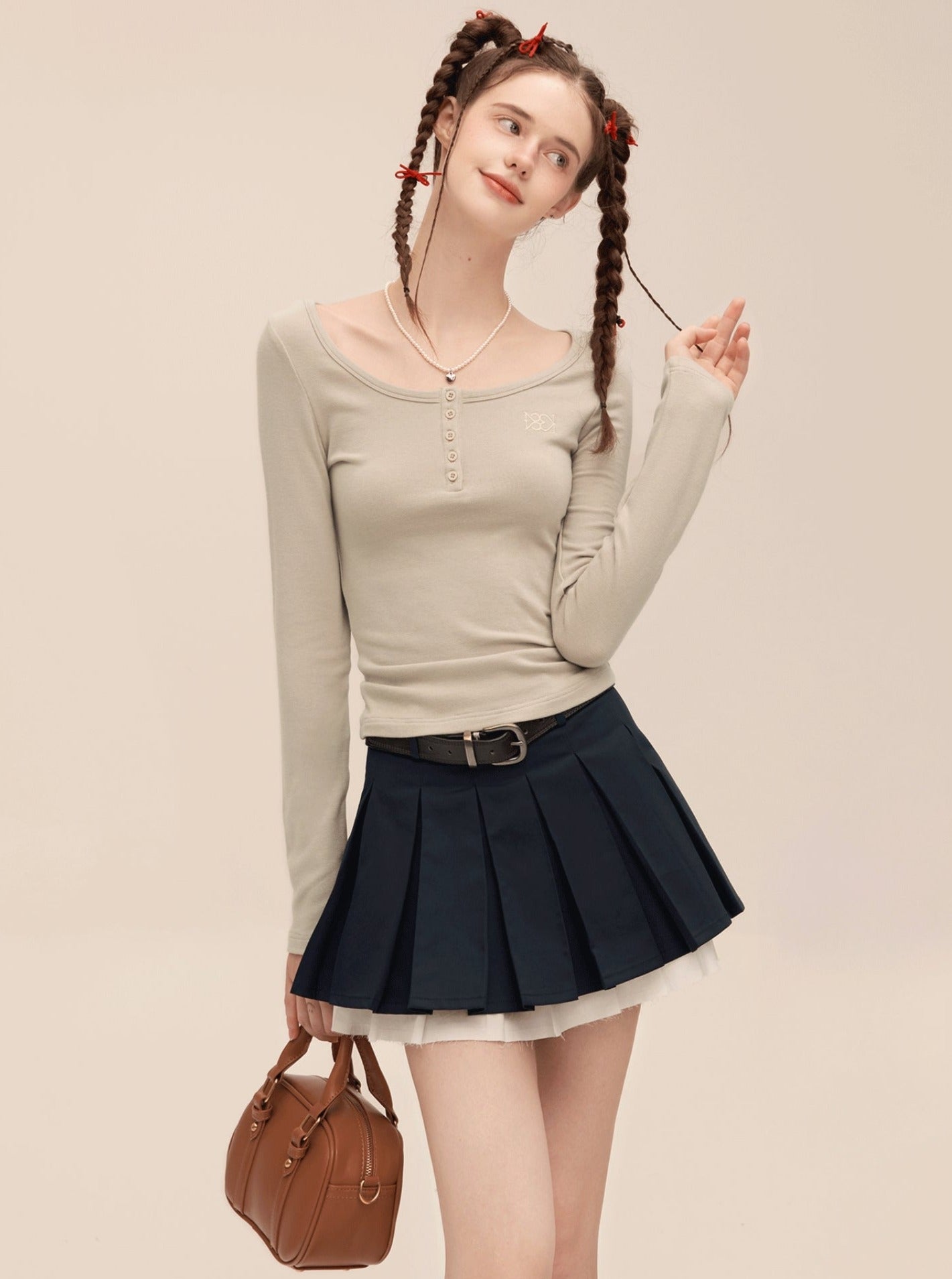 American Double Layer Contrast Pleated Skirt