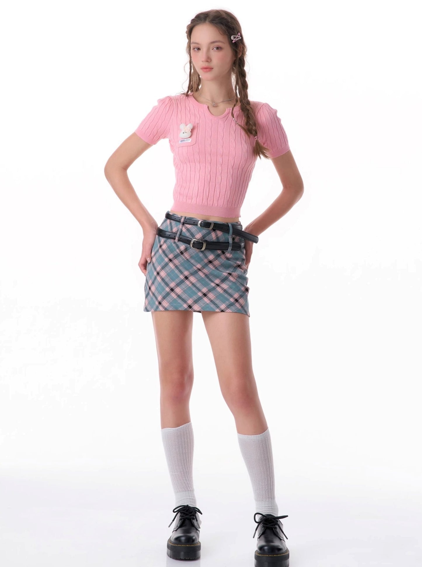 Pink Blue Plaid A-Line Skirt