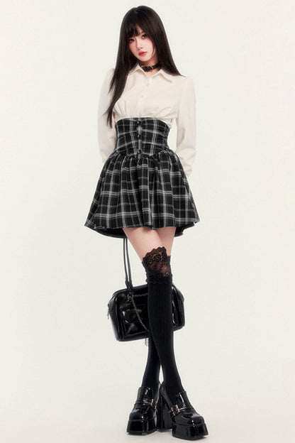 High WAIST HERRINGBONE CHECK STRAP SKIRT