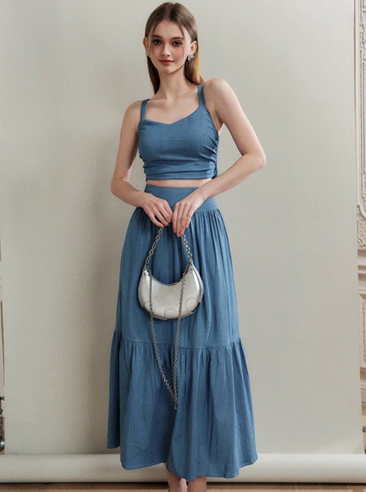 French Back Bow Blue Top And Skirt Set-Up