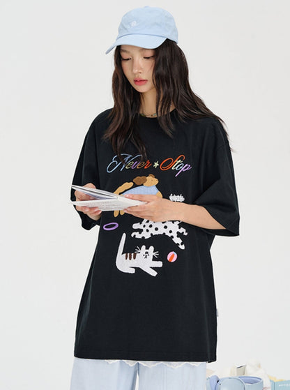 Cat Dog Embroidered T-shirt