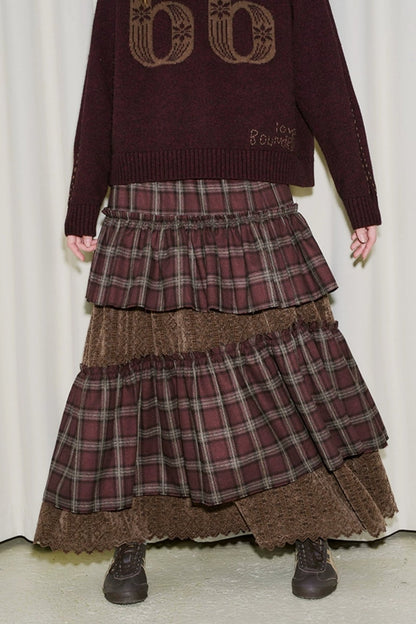 Brushed Plaid Patchwork Lace Skirt