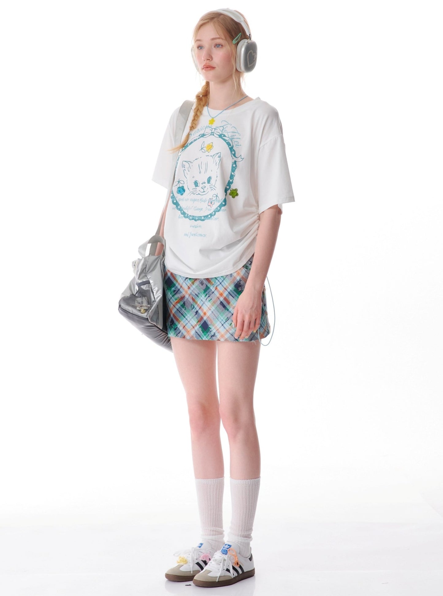 Loose Cat Print Drawstring T-Shirt