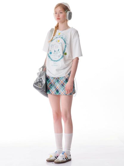 Loose Cat Print Drawstring T-Shirt