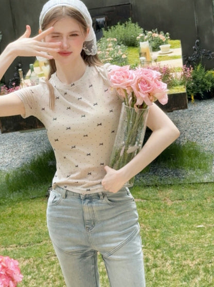 French Bow Print Short Sleeve Top