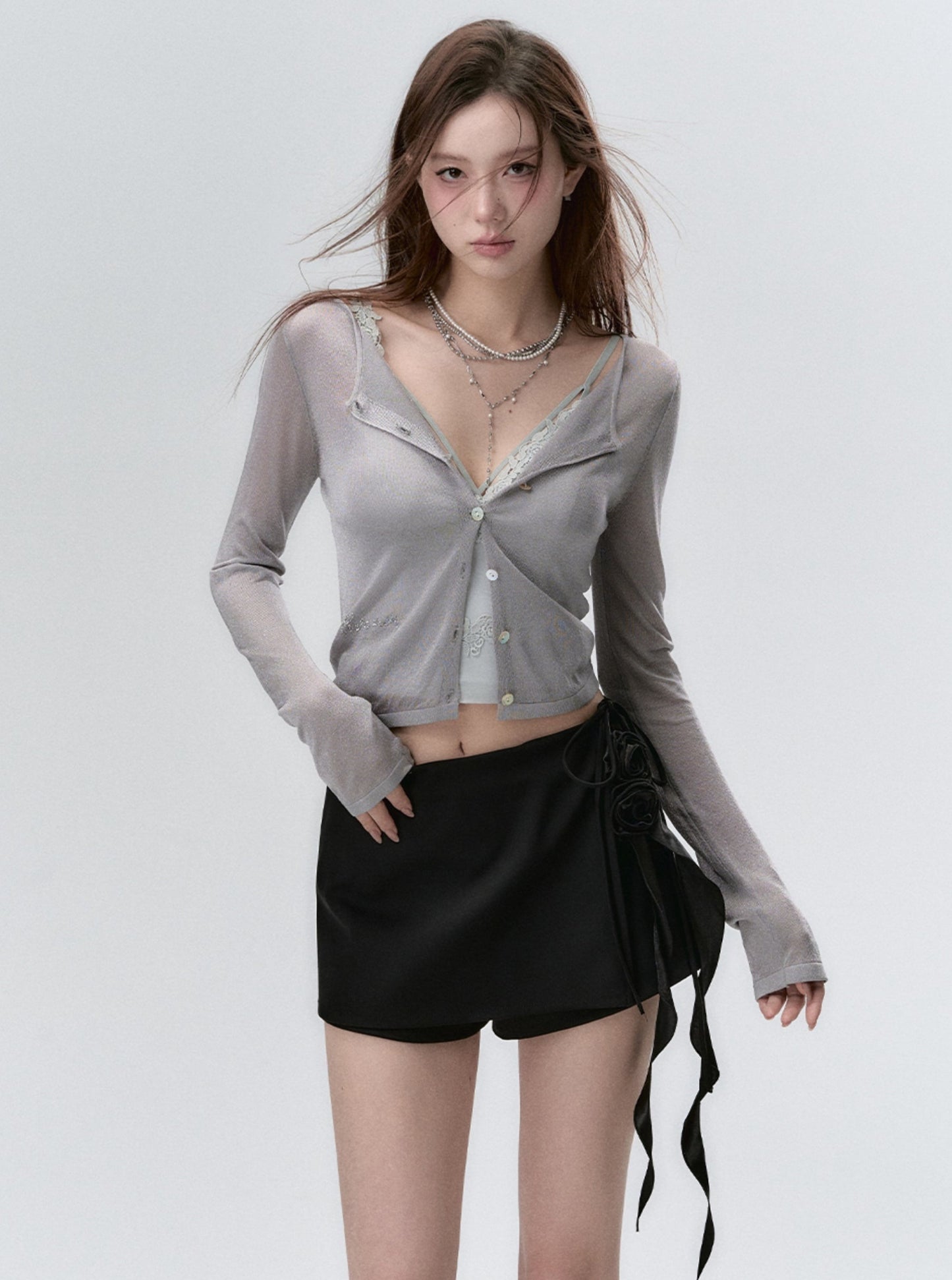 Shiny Silk Sheer Knit Rhinestone Top