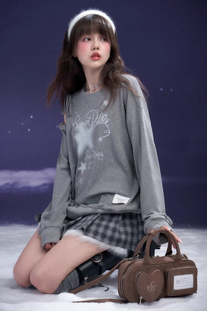 Gray Off-Shoulder Lace Sweatshirt