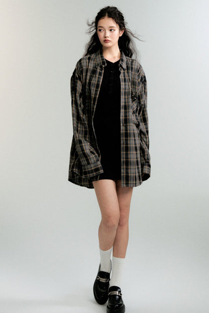 Color-Block Loose Check Long-Sleeed Shirt