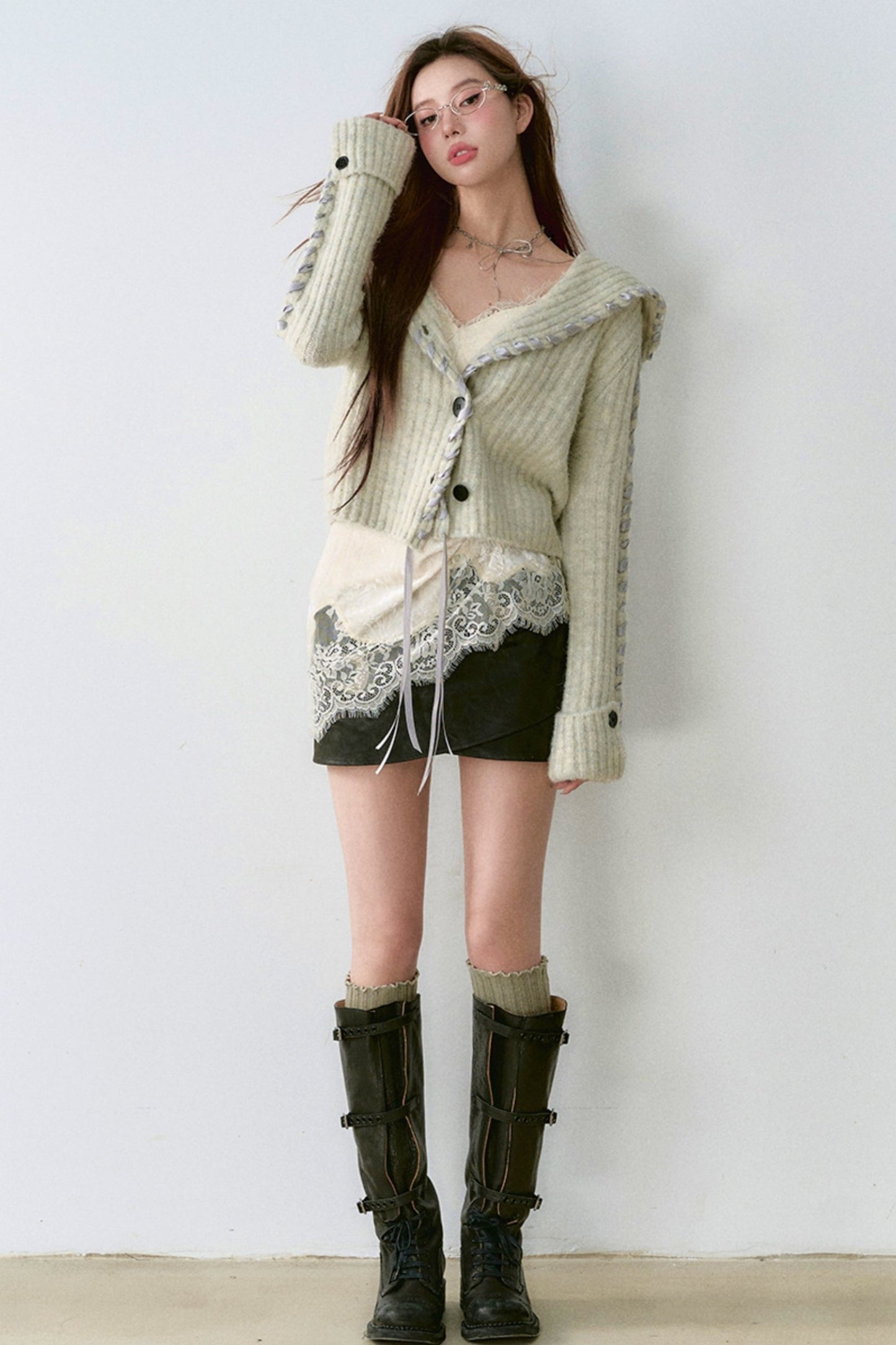 Lace Panel Sweater Jacket with Contrasting Knit Cardigan Vest