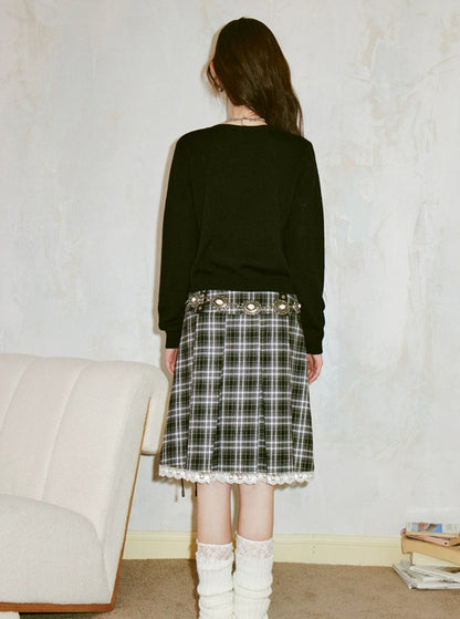 Vintage Elegant Lace Panelled Plaid Skirt