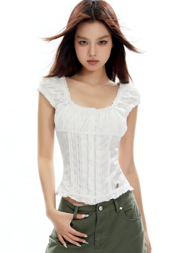 Vintage Cut-Out Lace Puff Sleeve Top