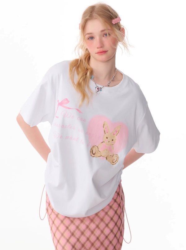 Drawstring Bunny Print T-Shirt