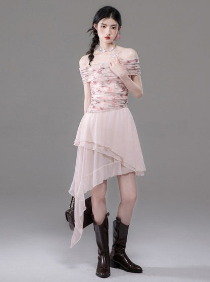 Atmosphere Pink Mesh Print Top Skirt Set