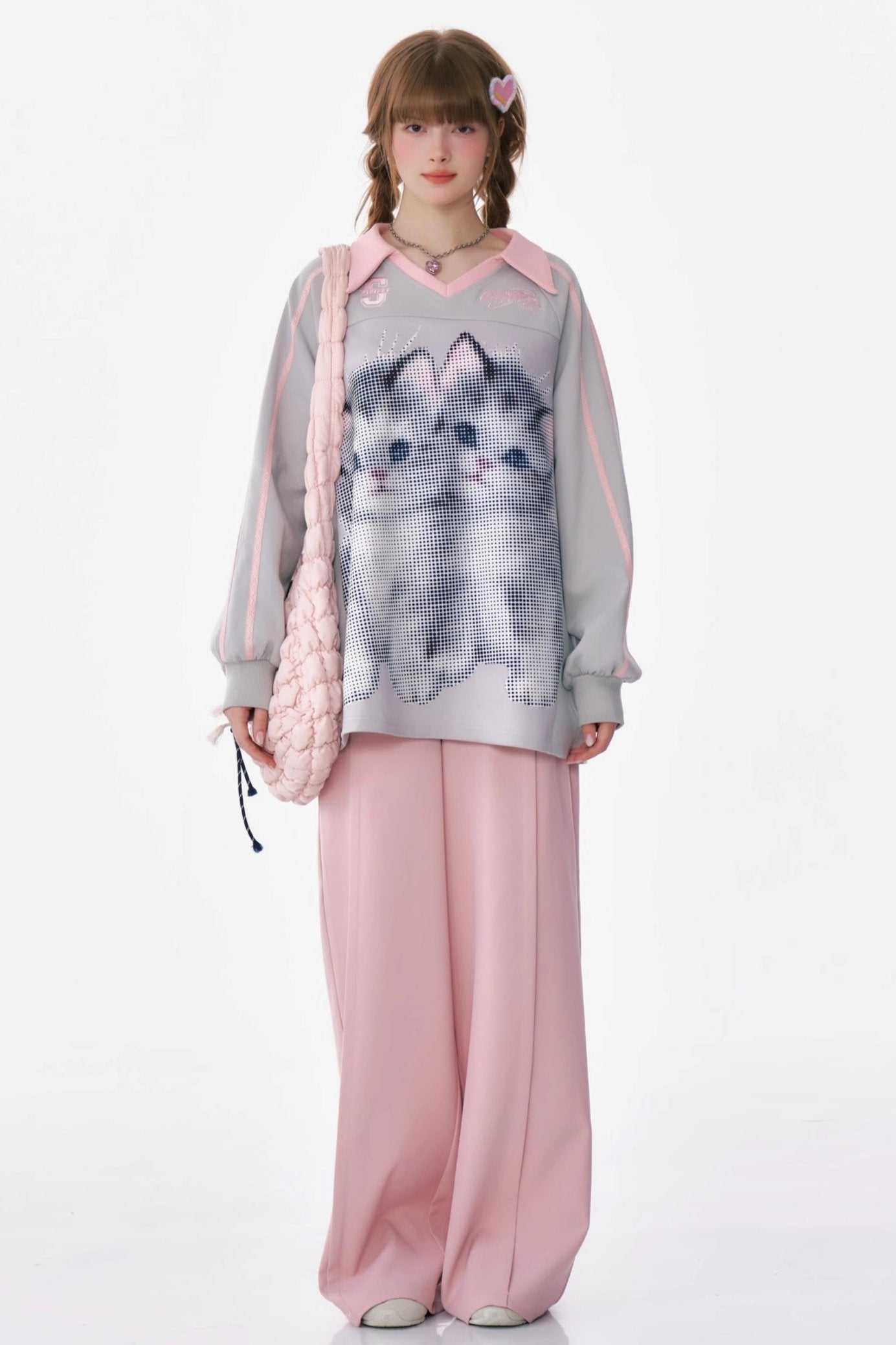 Cat Print Loose V-Neck Sweatshirt