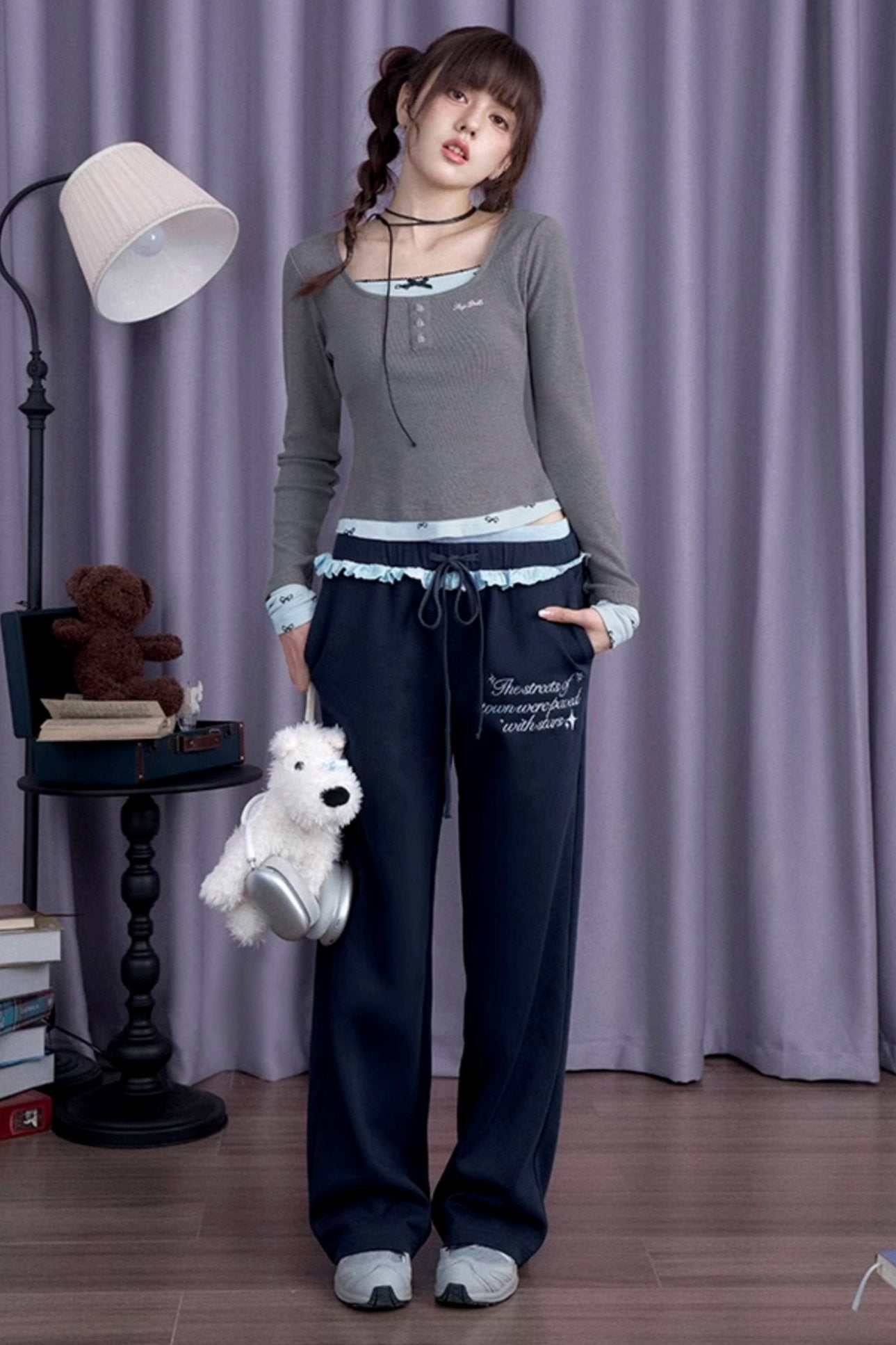 SagiDolls Girl's fighting spirit is sweet and versatile, gray and blue bow fake two long-sleeved T-shirts, slim and cute