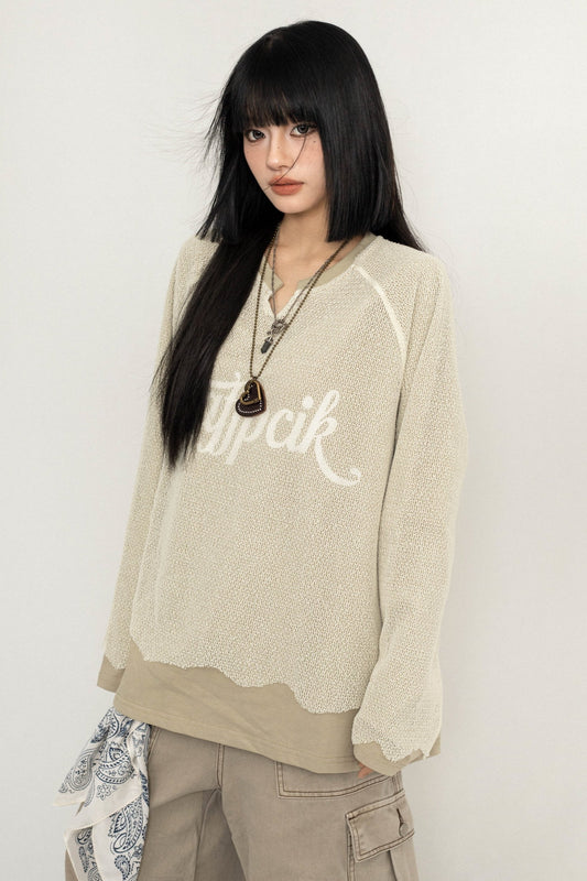 Retro Splicing Slim Long Sleeve Sweatshirt