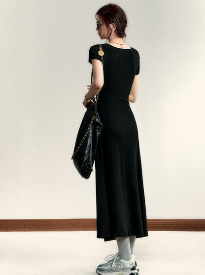 Square Neck Waist Cinched Long Dress