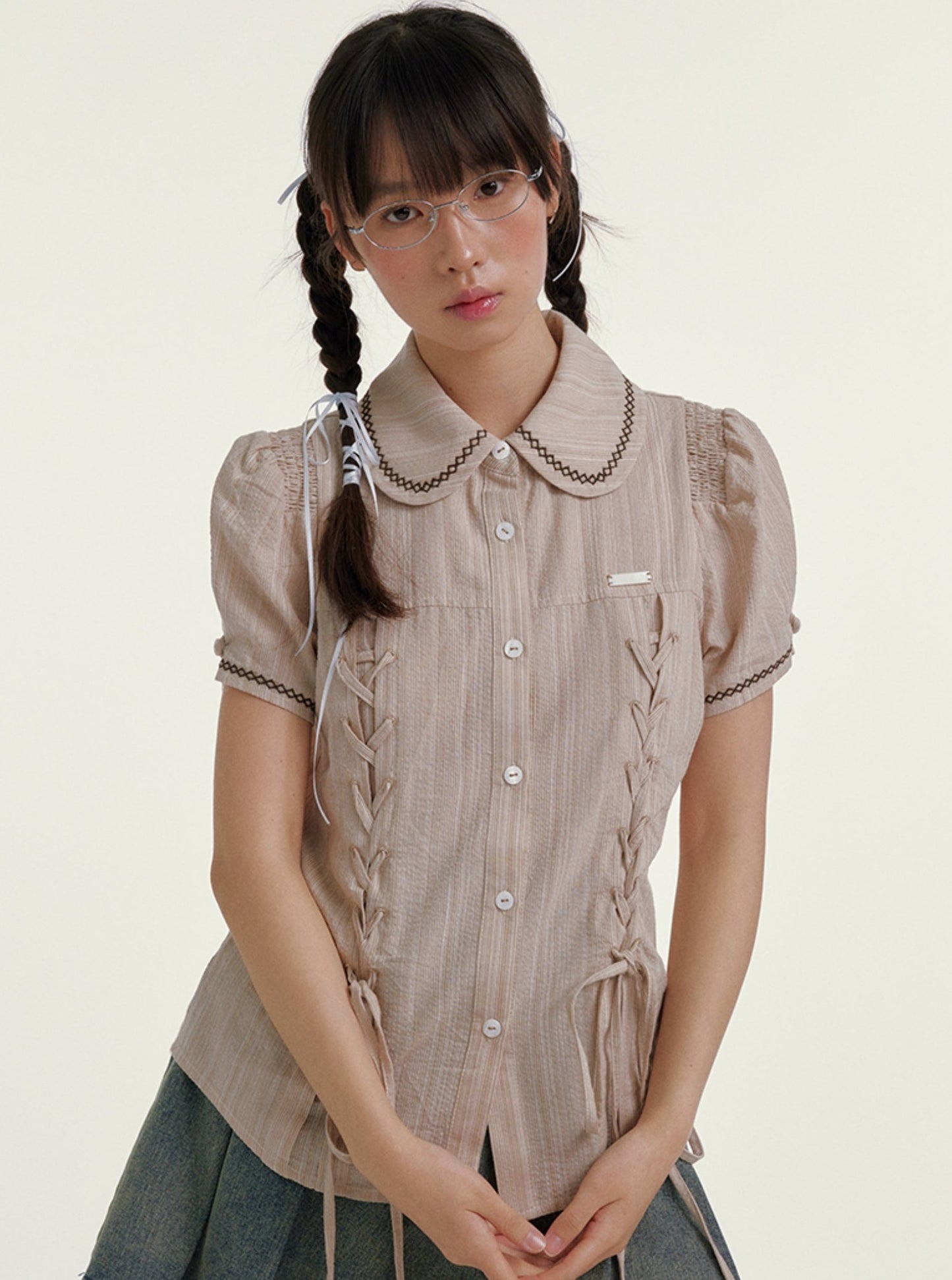 Blue Striped Cropped Casual Doll Collar Shirt