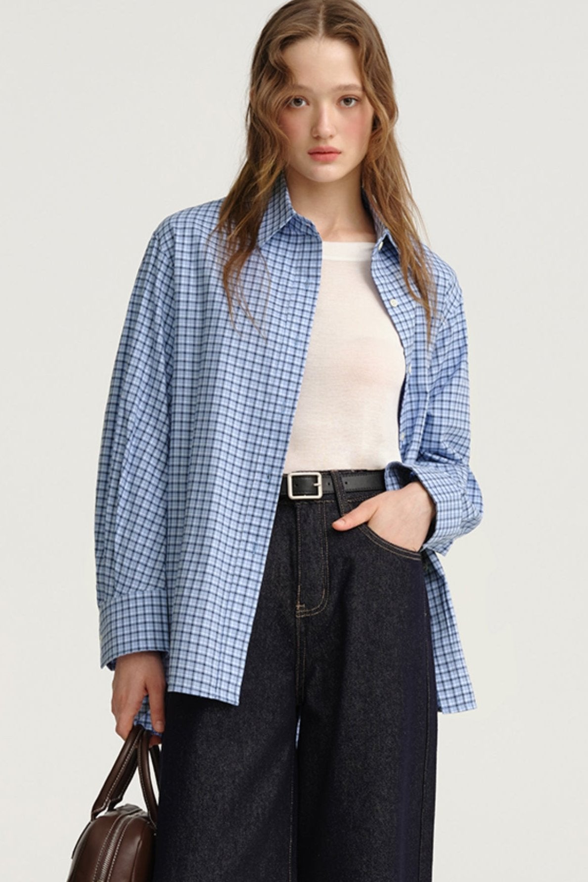 DESIGNER PLUS BLUE PLAID MIU SHIRT PRE-FALL 2024 LAZY RETRO COTTON SHIRT