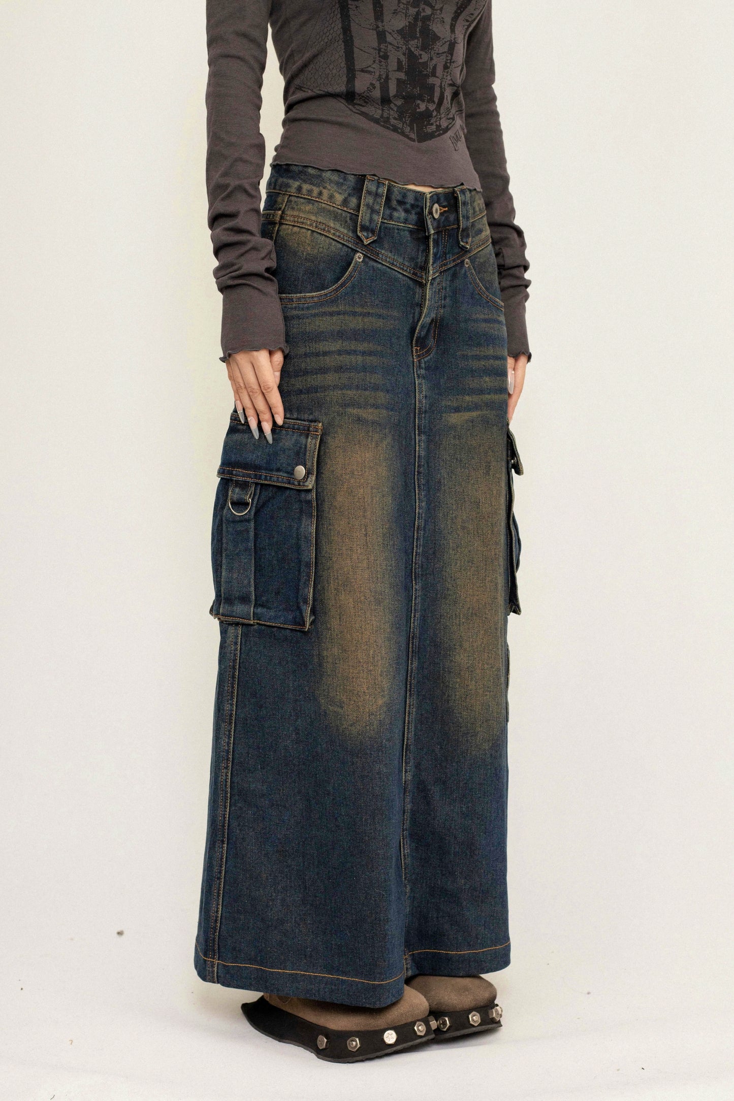 OCTTFLAB Original Fall/Winter American Retro Style Denim Skirt Long Design Pocket Long Skirt Women