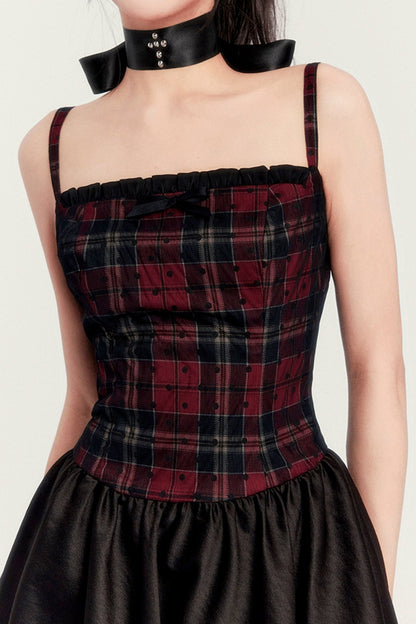 Dark Plaid Slim Slip Dress Set-Up