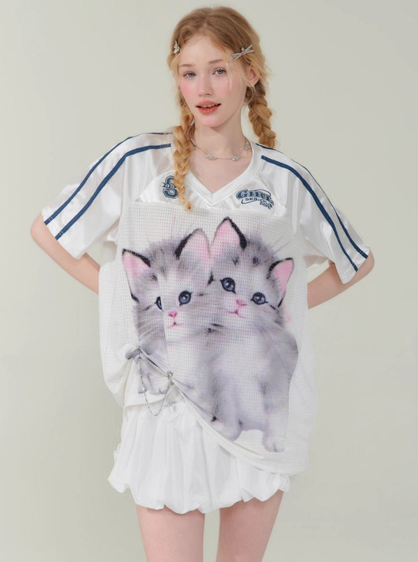 Cat Print Loose V-Neck T-Shirt
