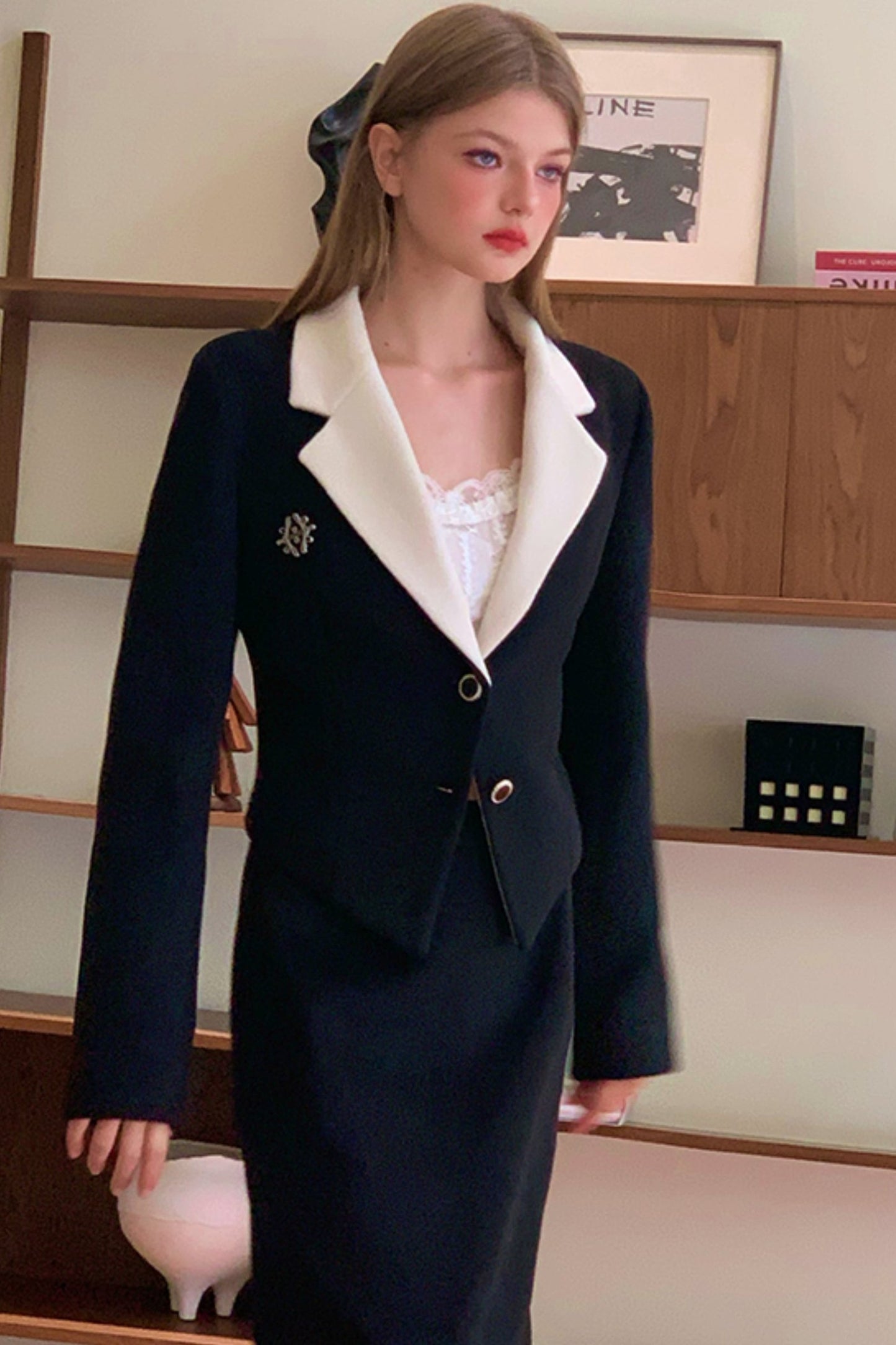 [9.19 20 o'clock new] lily of the valley black wood suit woolen jacket women's autumn and winter long skirt two-piece suit