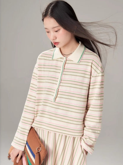 Striped Knit Long Sleeve Polo Shirt Set