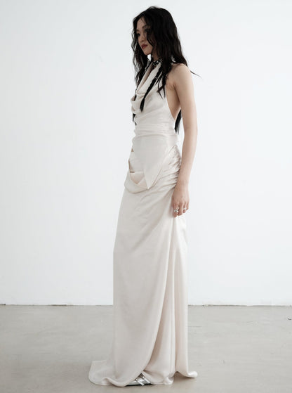 White Two-Piece Draped Vest Maxi Dress Set