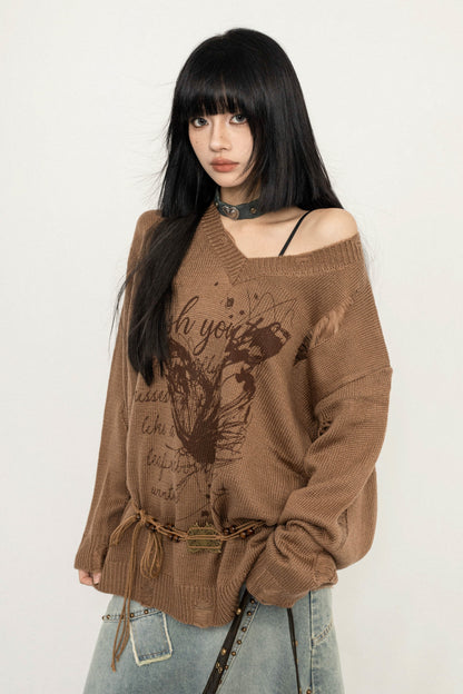 Coffee Knit Loose Fit Butterfly Sweater