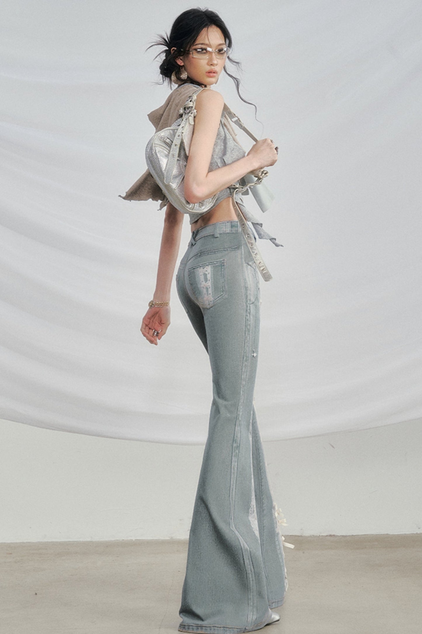 Visual Play Lace Ribbon Bow Jeans