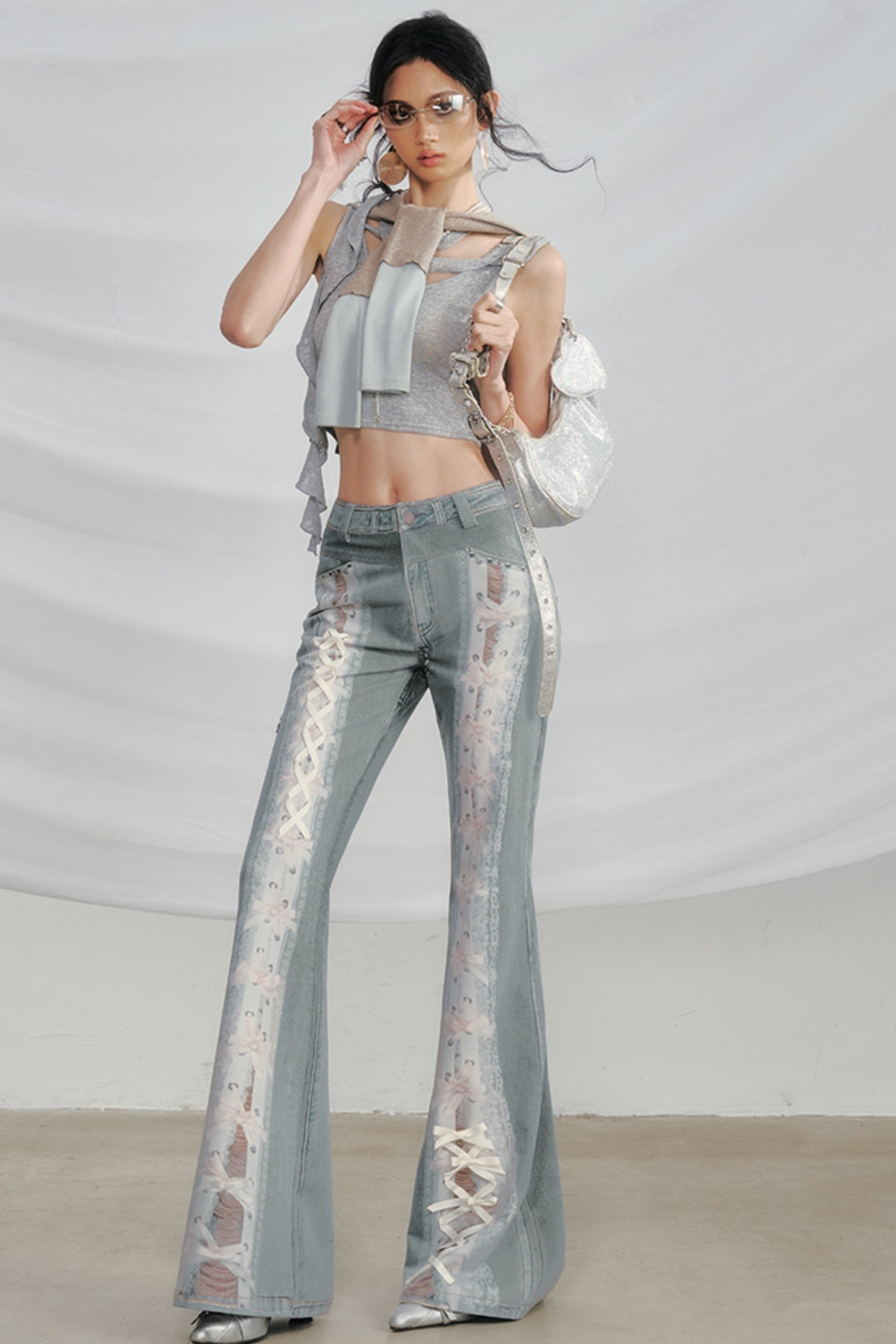 Visual Play Lace Ribbon Bow Jeans