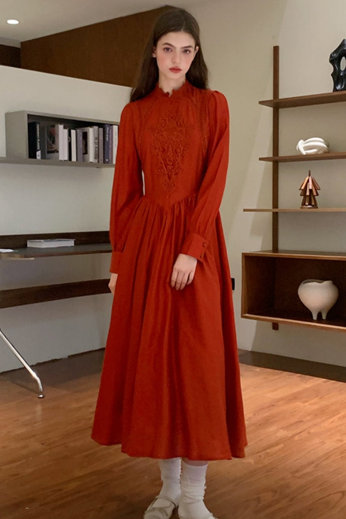 Design Retro Red Long Sleeve Dress