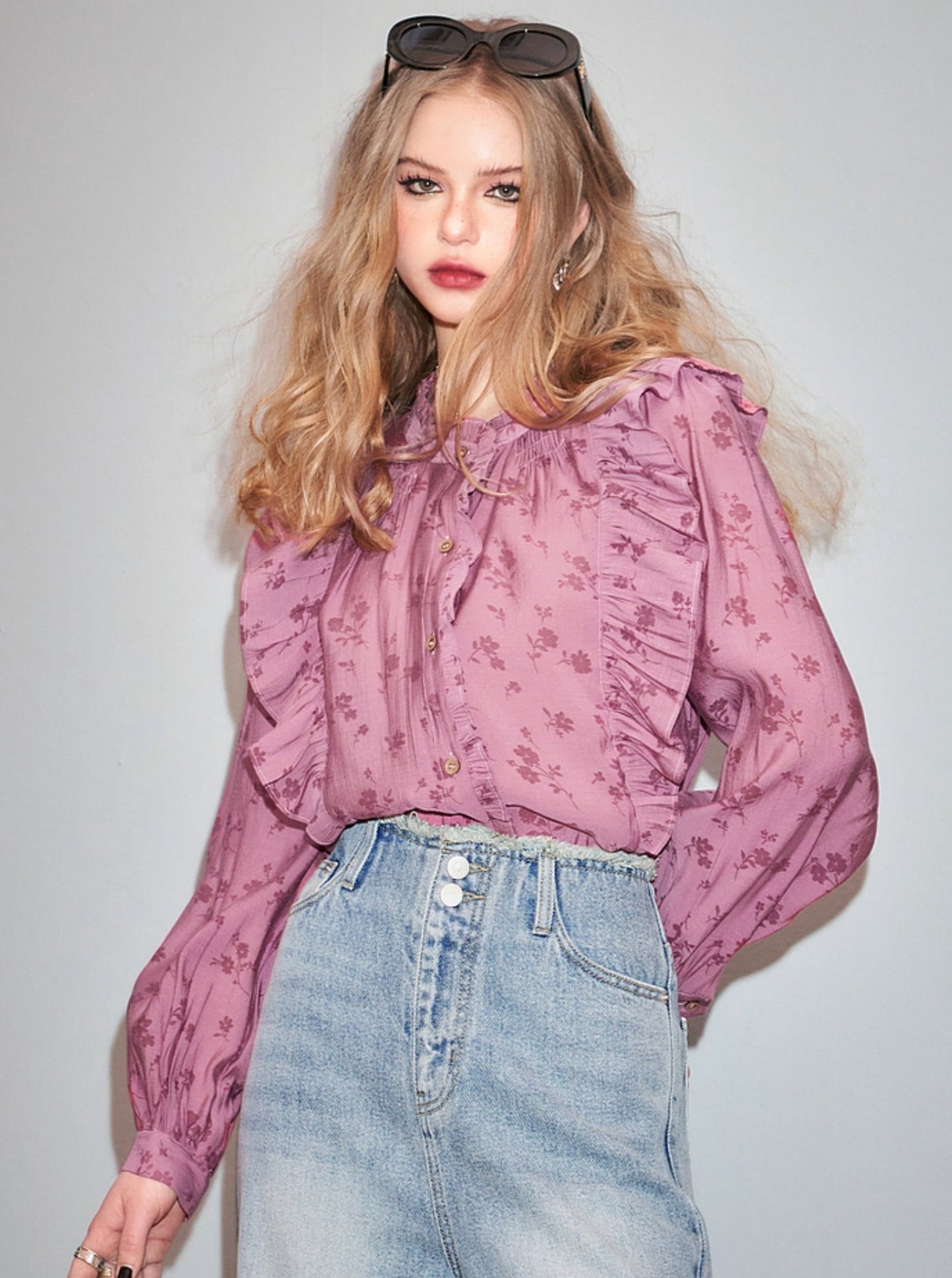 Balloon Sleeve Floral Chiffon Shirt