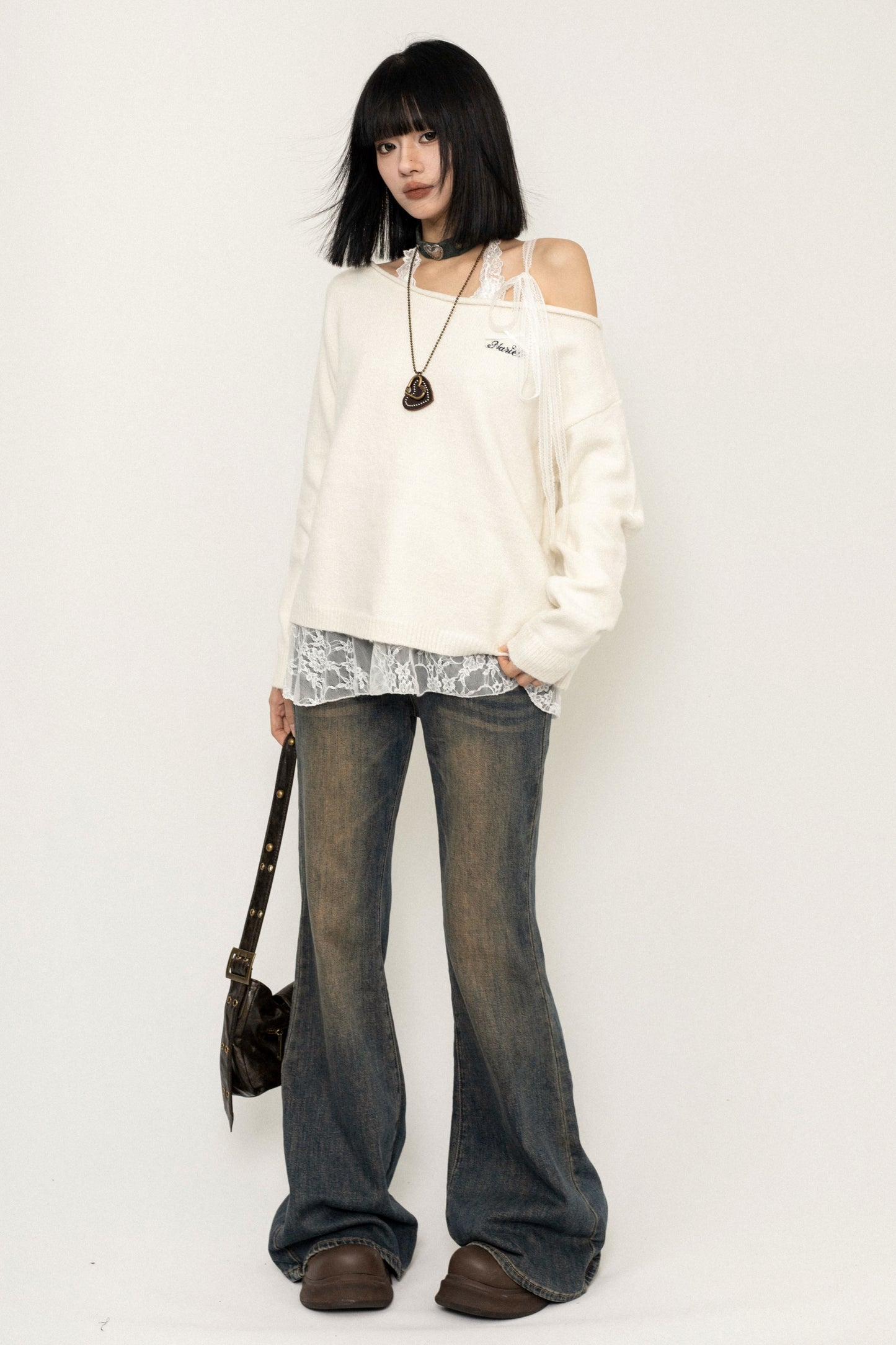 Lace Tie Slanted Shoulder Knit Sweater