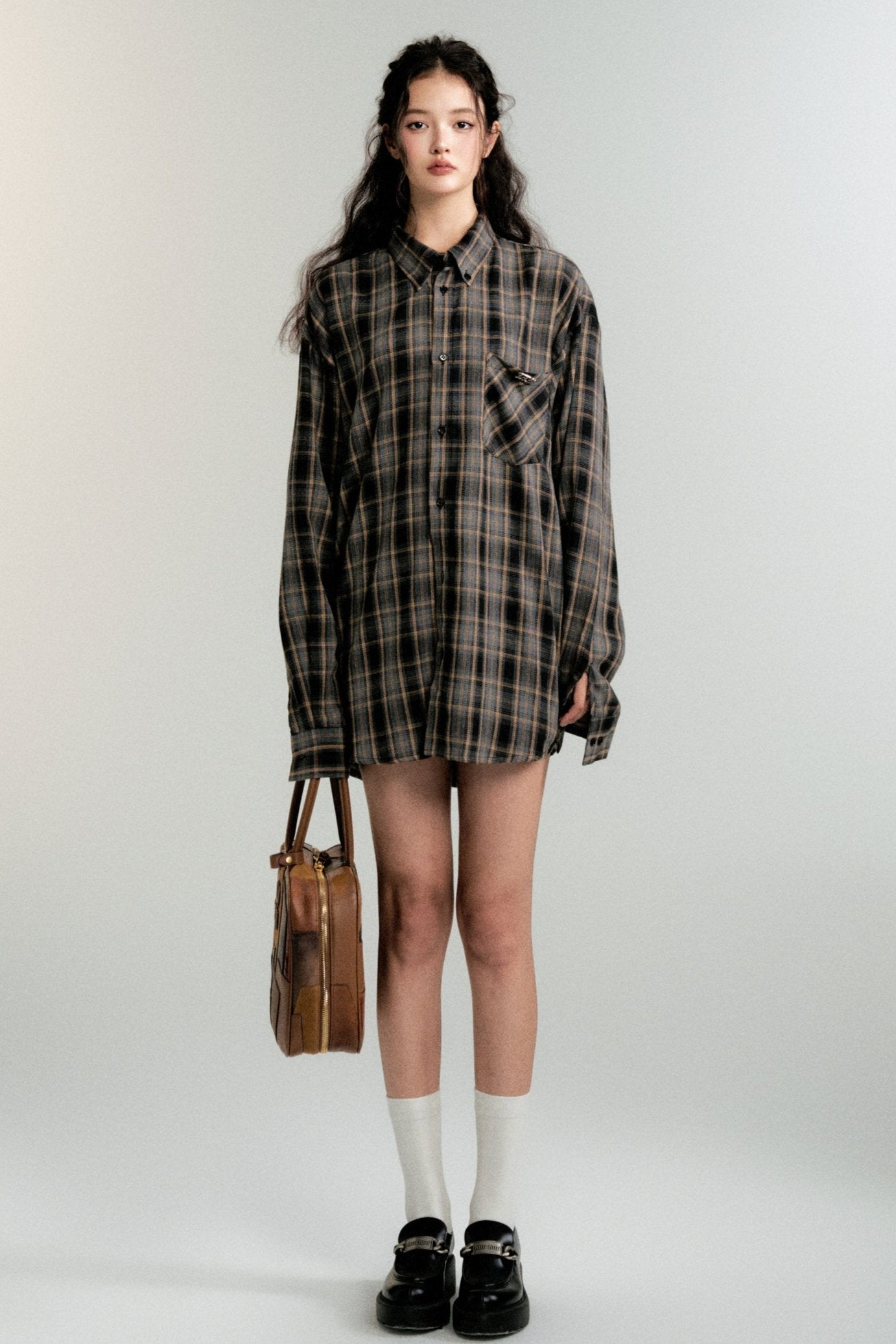 Color-Block Loose Check Long-Sleeed Shirt