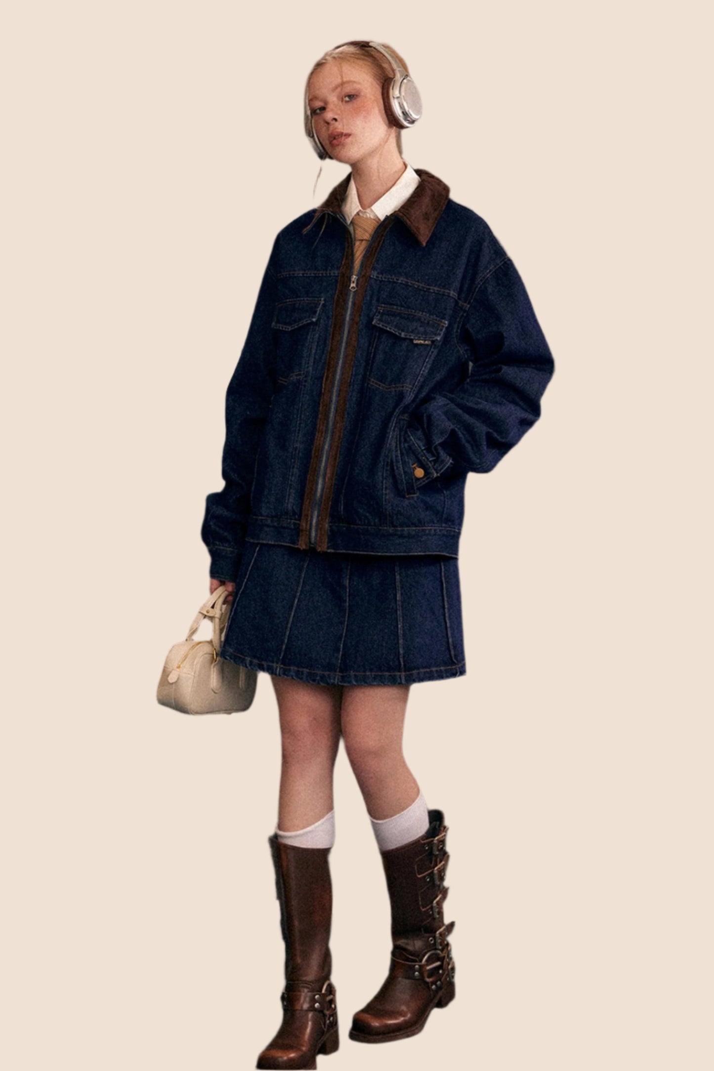 Casual Stitched Denim Jacket And Skirt Set-Up