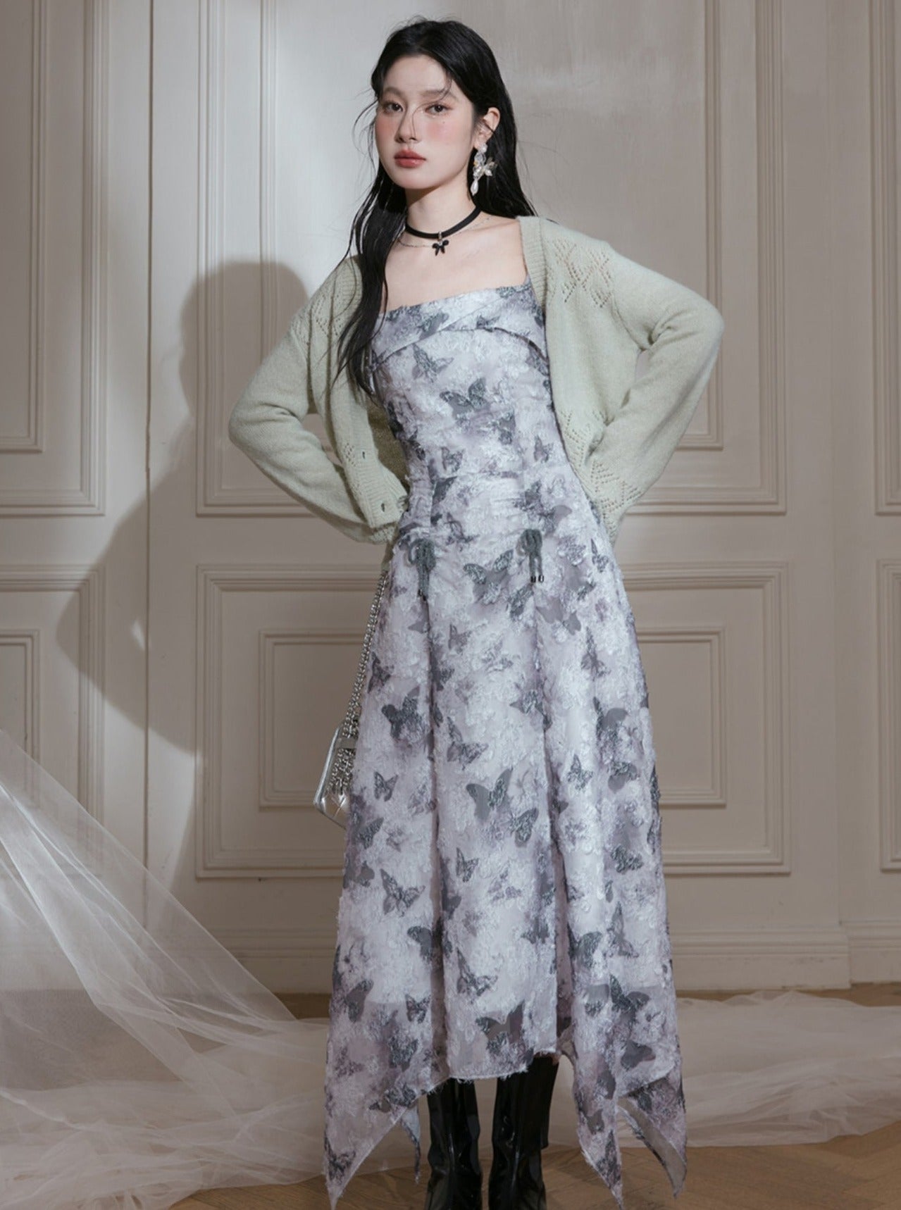 Butterfly Grey Printed Irregular Slip Dress