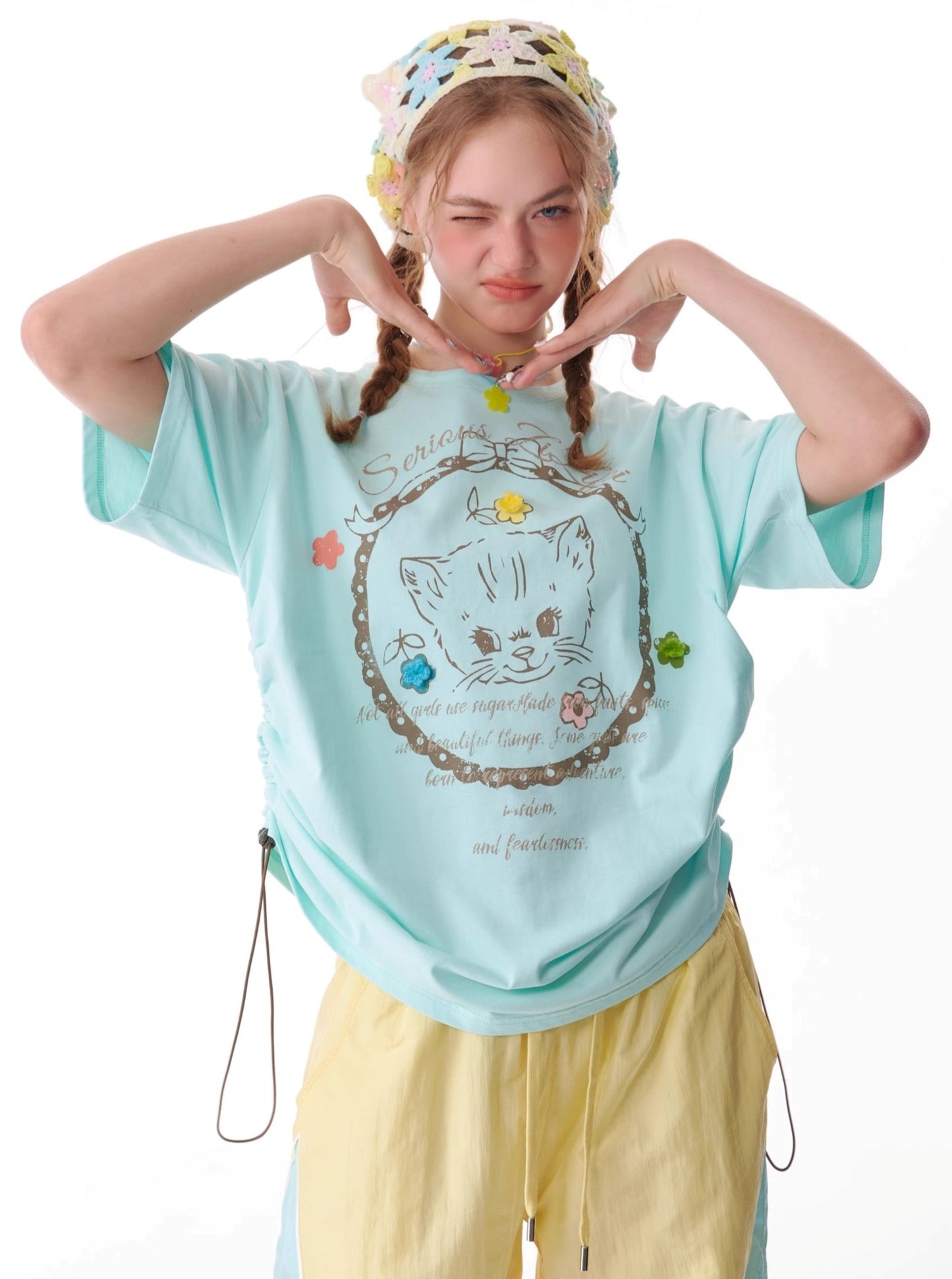 Loose Cat Print Drawstring T-Shirt