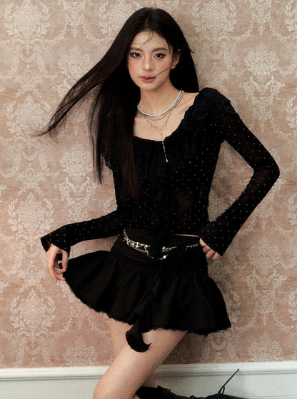 Lace Trimmed Rose Brooch Mini Skirt