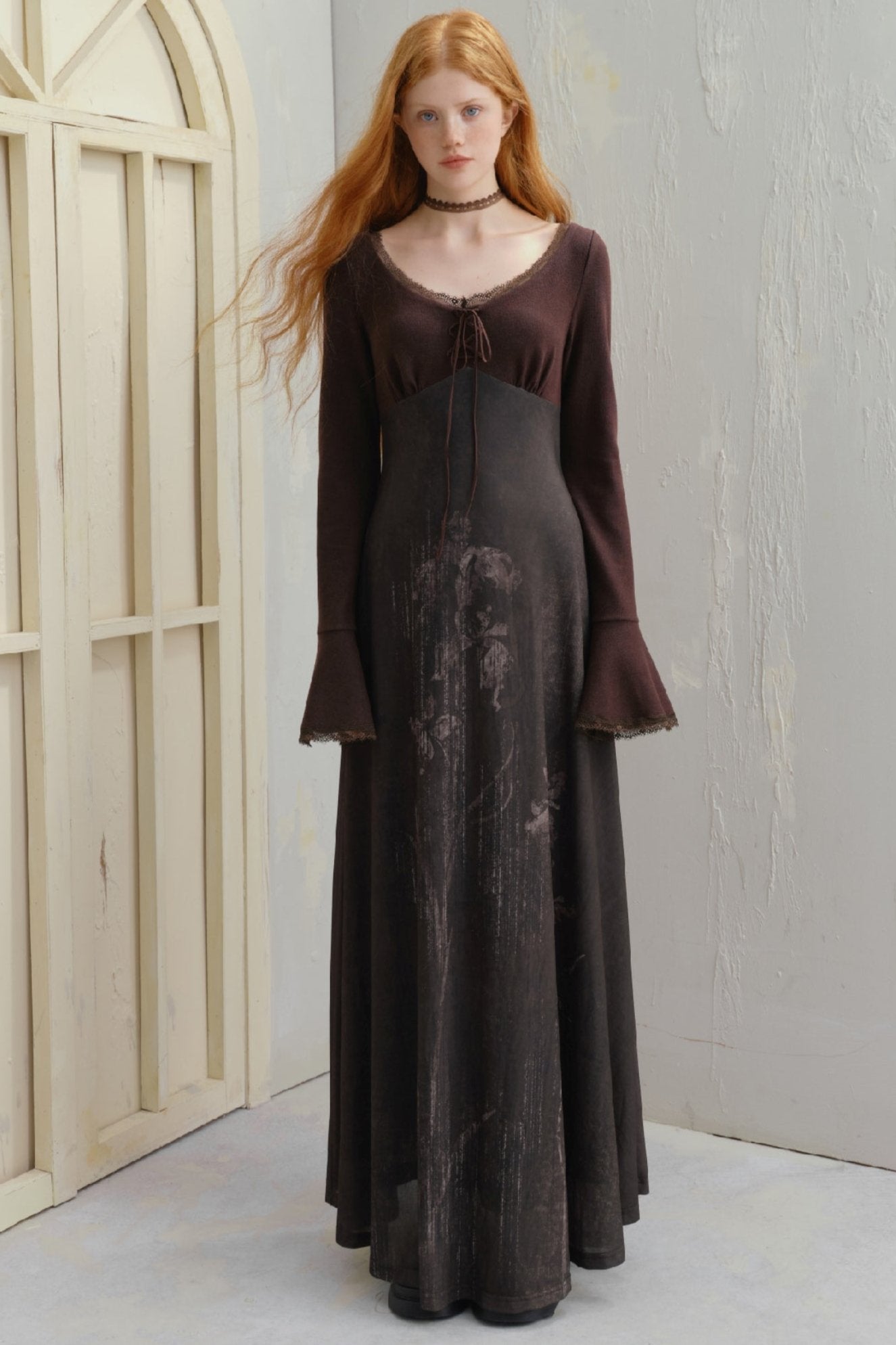 SALTHe Salt Tea Iris Letter Original Vintage Chinese Lace Lace Round Neck Flared Sleeve Long Dress