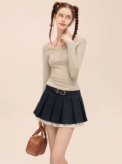 American Double Layer Contrast Pleated Skirt