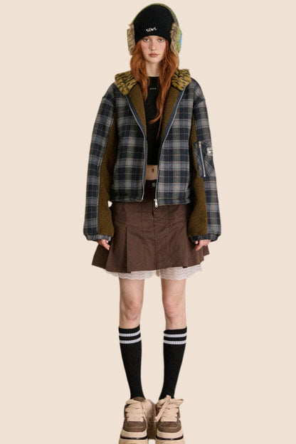 Retro Detachable Hooded Plaid Jacket