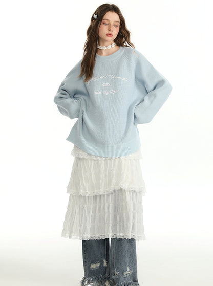 CyNi slouchy woolen embroidery basic crewneck sweater, langärmliges Pullover Oberteil, Strickwaren, lockeres Temperament und vielseitig